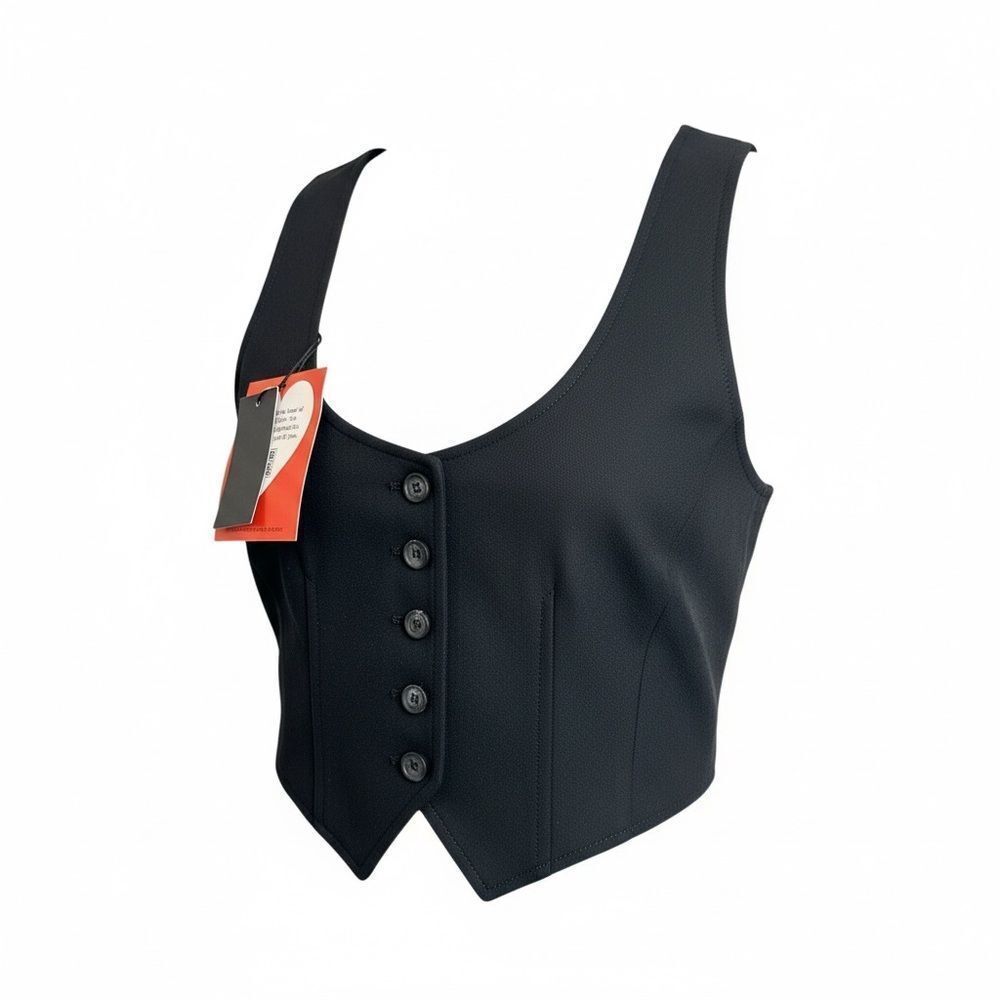 NWT GSTQ Women’s Black Button-Down Luxe Tailored Crop Vest Top - Size XS - Picture 2 of 7